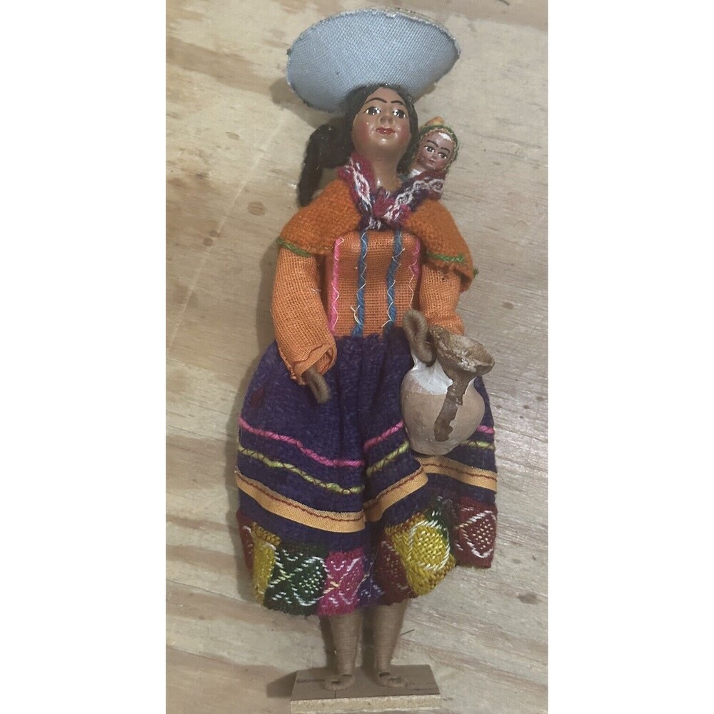 Vintage Peruvian Folk Art Doll Woman with Infant and Drop‎ Spindle Handmade EUC